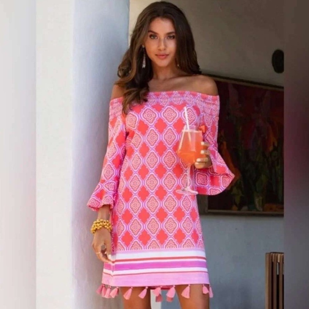 NWT Cabana Life Coral Geo Off The Shoulder Dress XL UPF 50 Beach Cover Up Resort